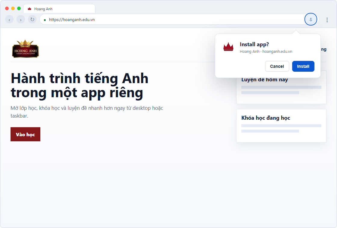 Hộp thoại cài app trên Chrome hoặc Edge máy tính